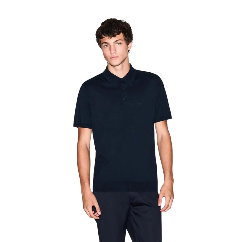 Armani Exchange men blue cotton short sleeve polo shirt with navy blue color and subtle embroidered chest logo