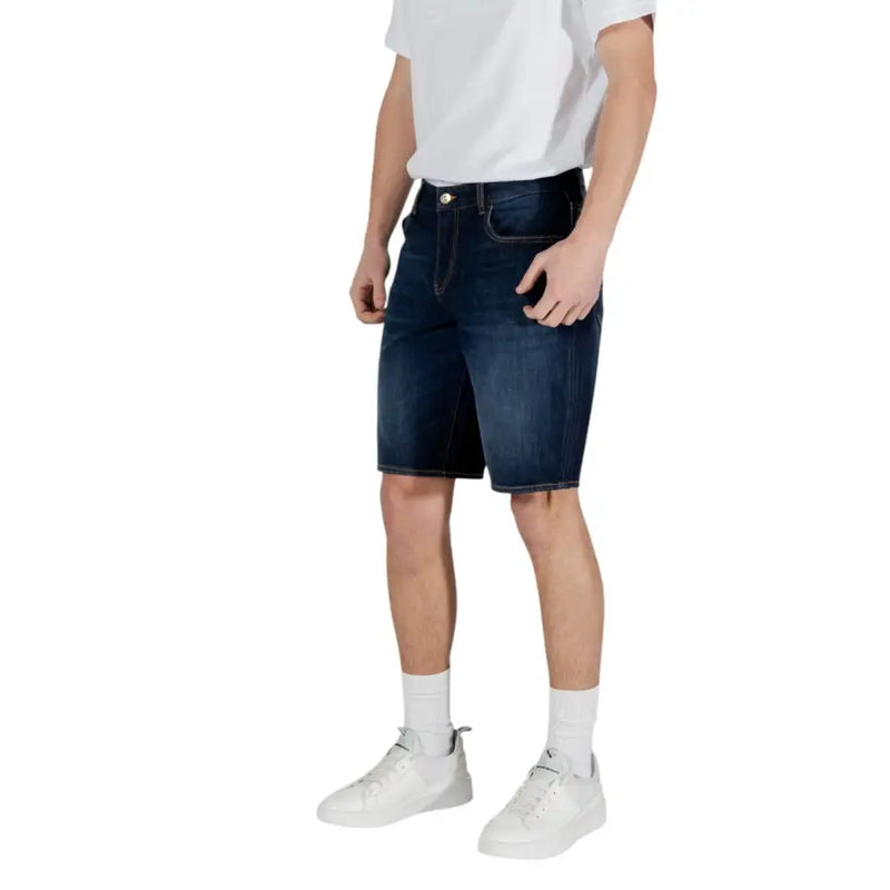 Armani Exchange men blue cotton shorts in dark blue denim with classic five-pocket design and visible stitching