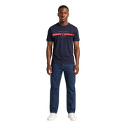 Armani Exchange men blue cotton t shirt with round neck and red and white logo stripe across the chest