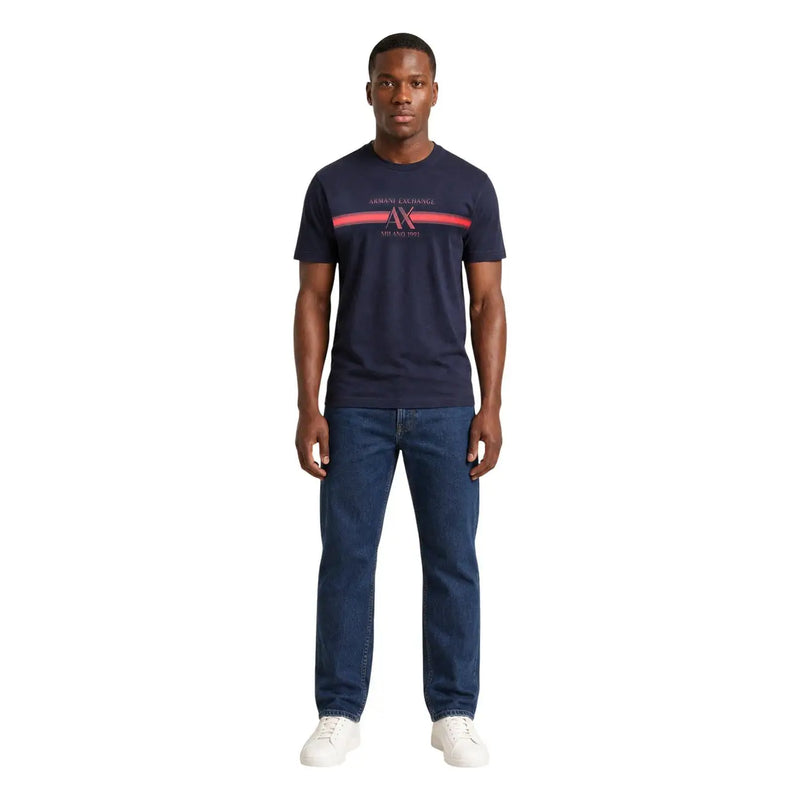 Armani Exchange men blue cotton t shirt with round neck and red and white logo stripe across the chest