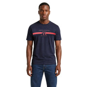 Navy blue armani exchange men cotton t shirt with round neck and red and white logo stripe across the chest