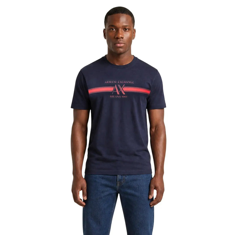 Navy blue armani exchange men cotton t shirt with round neck and red and white logo stripe across the chest