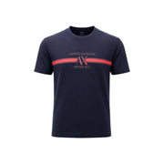 Armani Exchange men blue cotton t shirt with round neck bold red stripe and ax logo across the chest