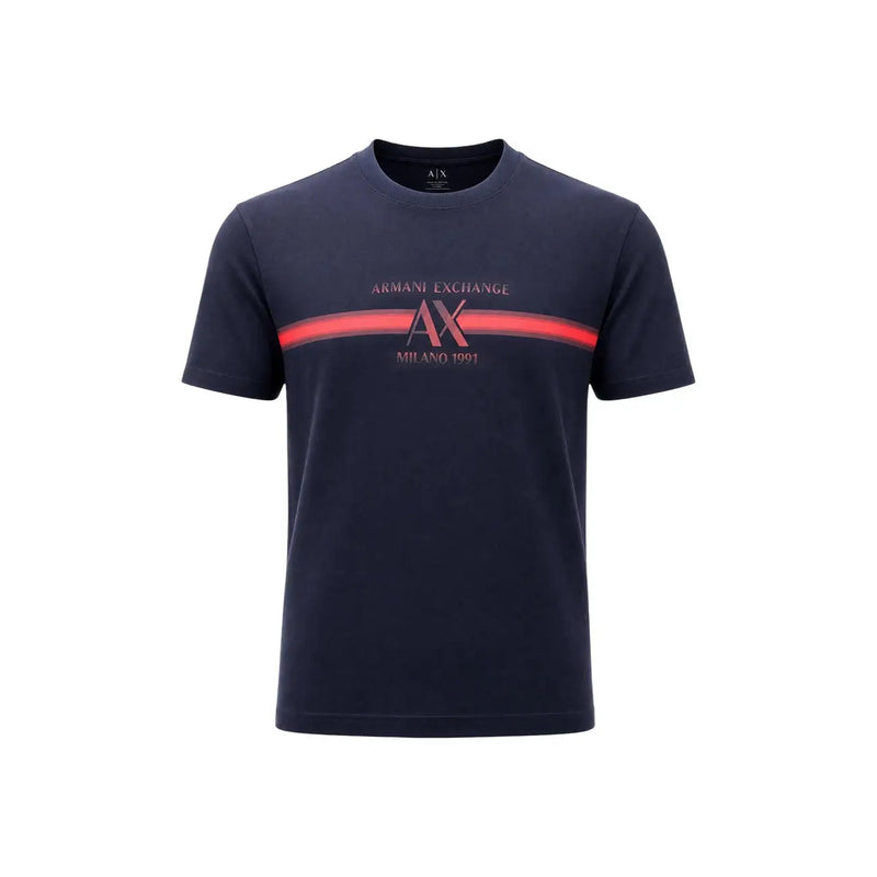 Armani Exchange men blue cotton t shirt with round neck bold red stripe and ax logo across the chest