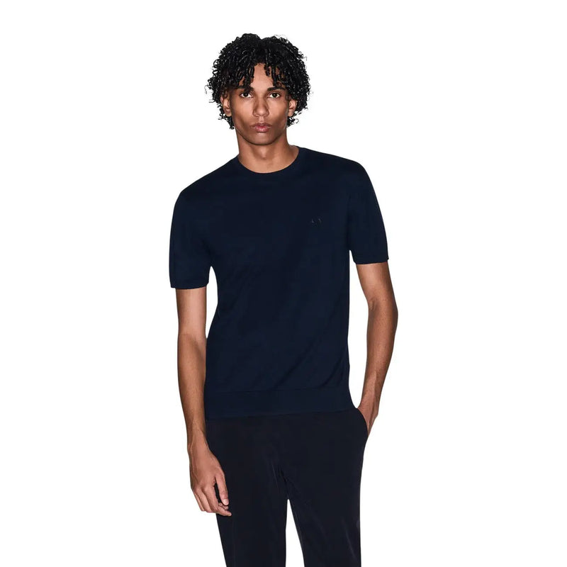 Armani Exchange men blue cotton t shirt navy blue short sleeved crew neck casual wear front view