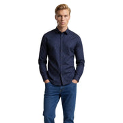 Armani Exchange Herrenhemd aus blauer Baumwolle mit langen Ärmeln, dezentem weißen Punktmuster und Knopfleiste