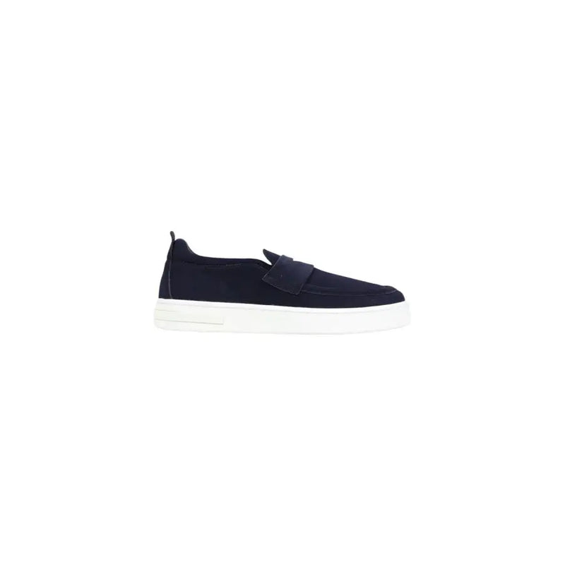 Armani Exchange men blue leather slip on sporty sneaker in navy blue suede with white rubber sole
