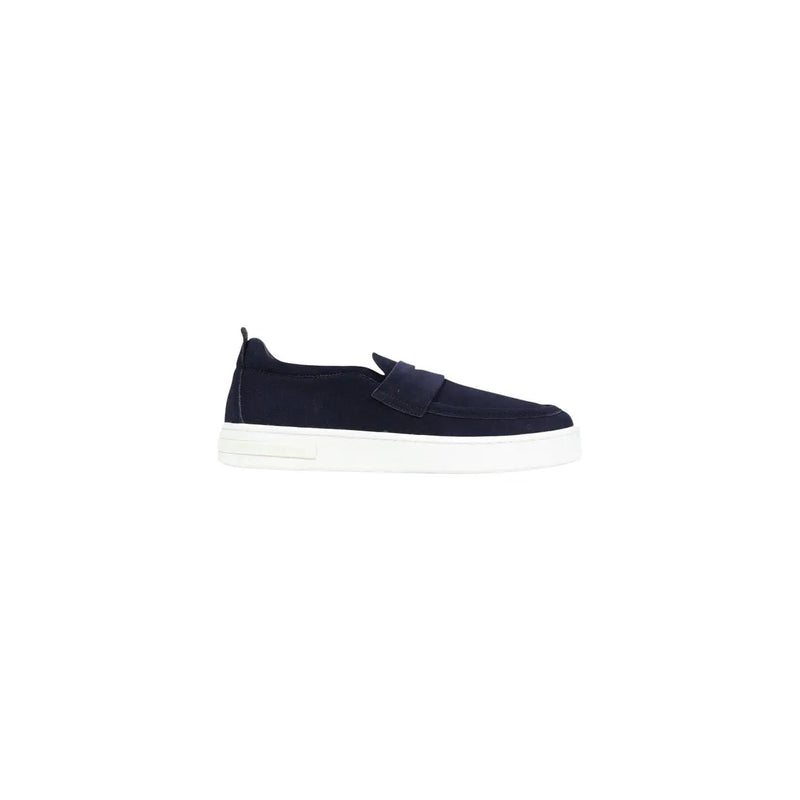 Armani Exchange men blue leather slip on sporty sneaker in navy blue suede with white rubber sole
