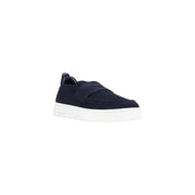 Armani Exchange men blue leather slip on sporty sneaker with navy blue suede upper and white platform sole