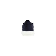 Armani Exchange men blue leather slip on sporty sneakers featuring navy suede and a white rubber sole