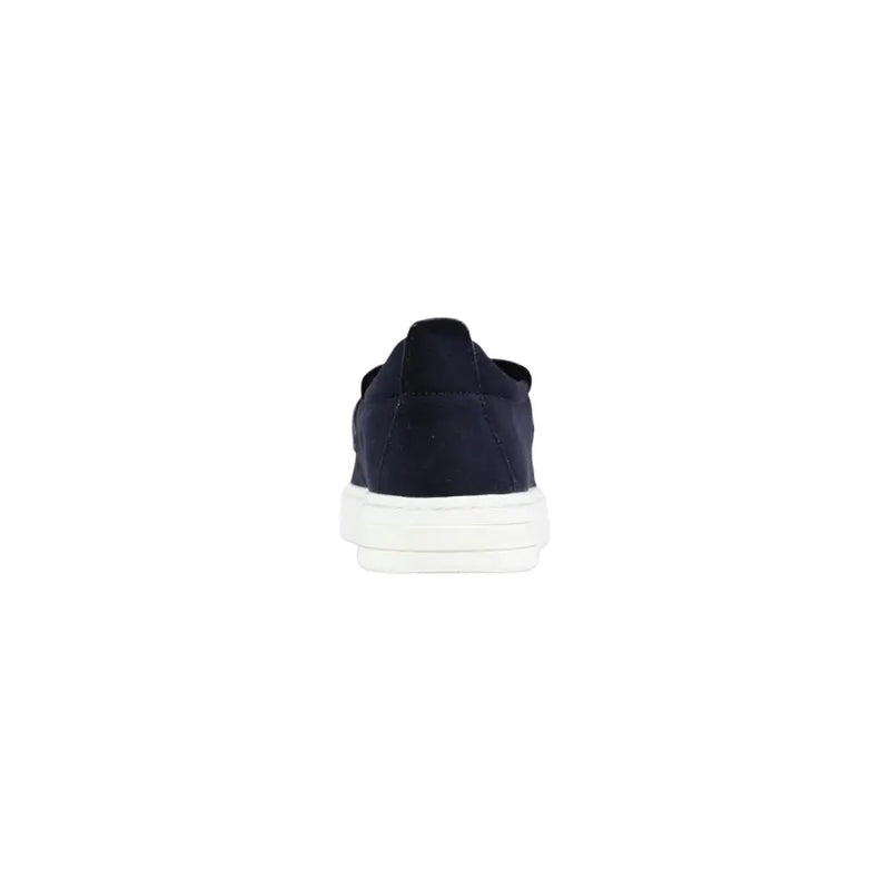 Armani Exchange men blue leather slip on sporty sneakers featuring navy suede and a white rubber sole