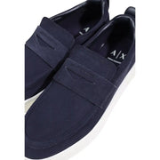 Armani Exchange men blue leather slip-on sporty sneakers made of navy blue suede with white rubber soles and a x logo insole