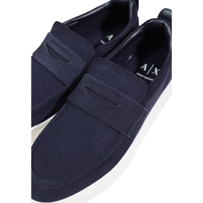 Armani Exchange men blue leather slip-on sporty sneakers made of navy blue suede with white rubber soles and a x logo insole