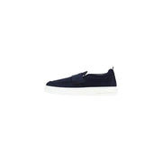 Armani Exchange men blue leather slip on sporty sneakers with navy suede upper and white rubber sole