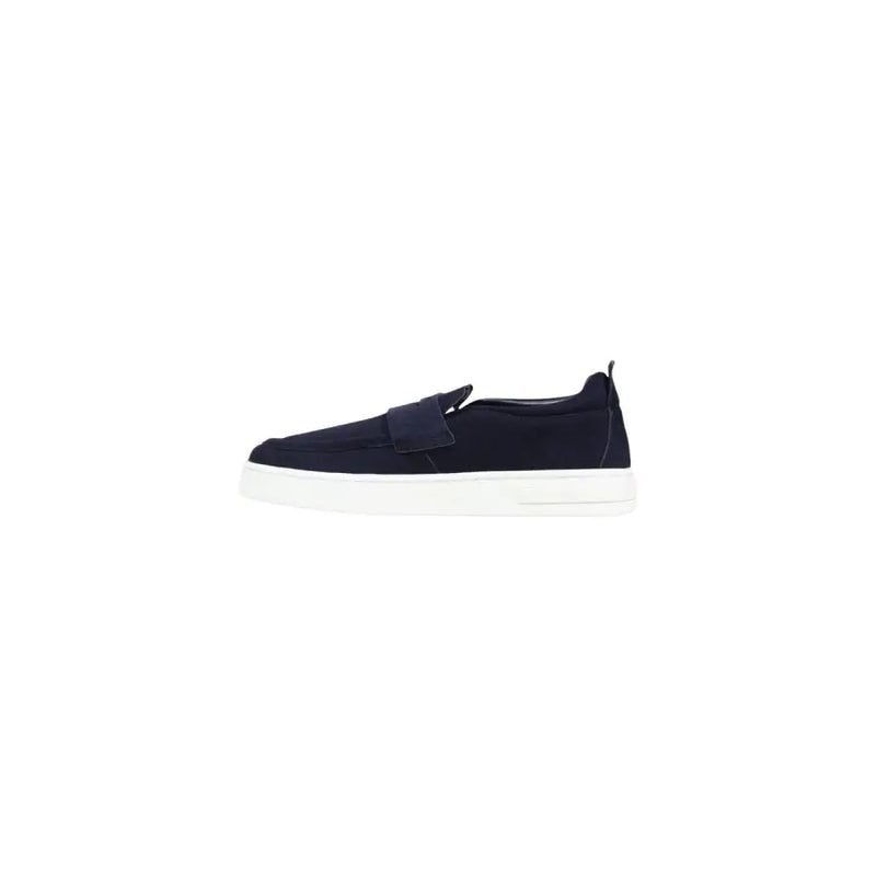 Armani Exchange men blue leather slip on sporty sneakers with navy suede upper and white rubber sole