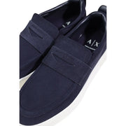 Armani Exchange men blue leather slip-on sporty sneakers made of navy blue suede with white rubber soles and a x logo insole