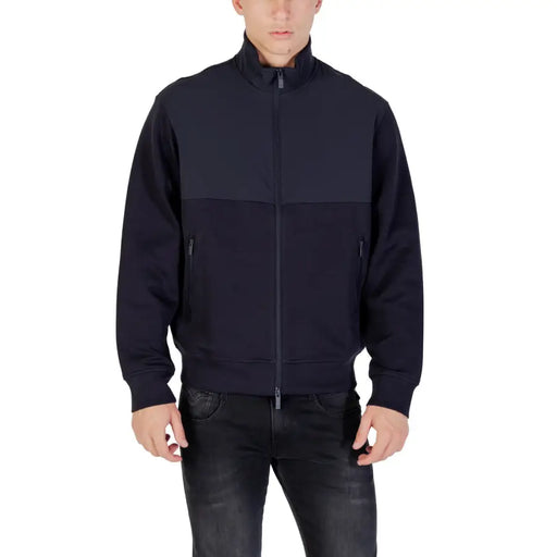 Men’s navy blue full-zip blazer with stand-up collar and ribbed cuffs from Armani Exchange