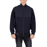 Armani Exchange men blue long zip front pocket blazer with two-tone navy panels and zip-up track jacket design