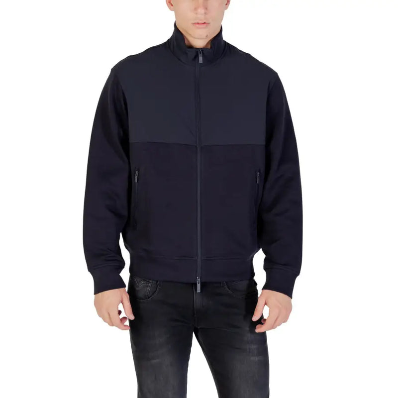 Armani Exchange men blue long zip front pocket blazer with two-tone navy panels and zip-up track jacket design