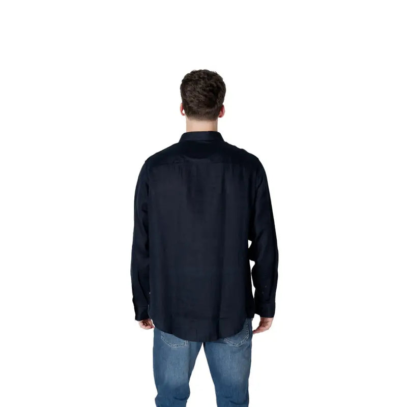 Men’s black long-sleeve button-up shirt displayed in Armani Exchange Blue Plain Linen Shirt collection
