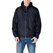 Armani exchange Blazer à capuche bleu en polyamide pour homme, avec coupe-vent en nylon noir brillant et détails de fermeture éclair argentés.