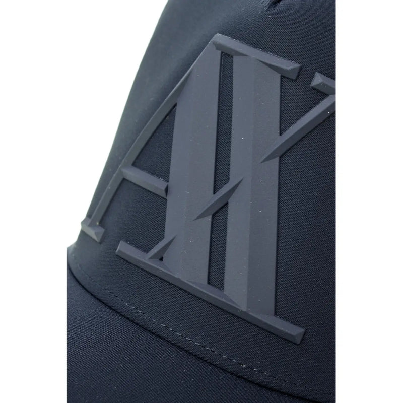 Armani Exchange men blue print polyester black baseball cap with bold matte dark gray ay logo front design