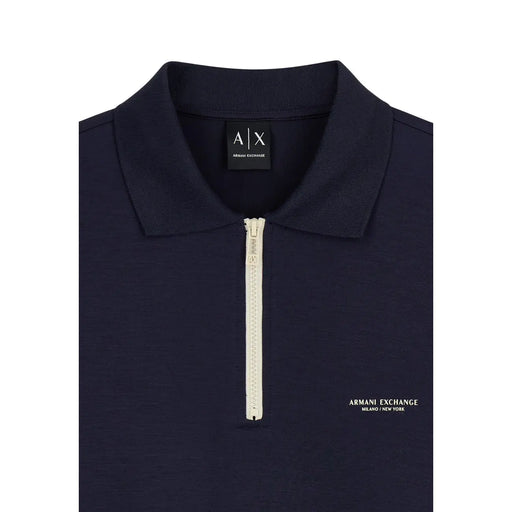 Armani Exchange men blue sweatshirt modal blend navy blue polo shirt with cream zipper and subtle logo on collar
