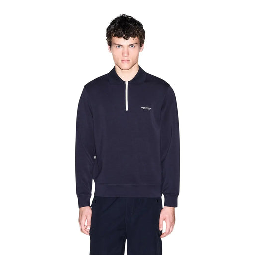 Armani Exchange men blue dark navy half-zip sweatshirt with white zipper modal blend fabric and subtle chest embroidery