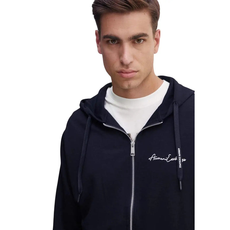 Marineblau Armani Exchange Herren-Sweatshirt mit Kapuze aus Polyestergemisch, Reißverschluss, weißem, gesticktem Logo und passenden Kordelzügen