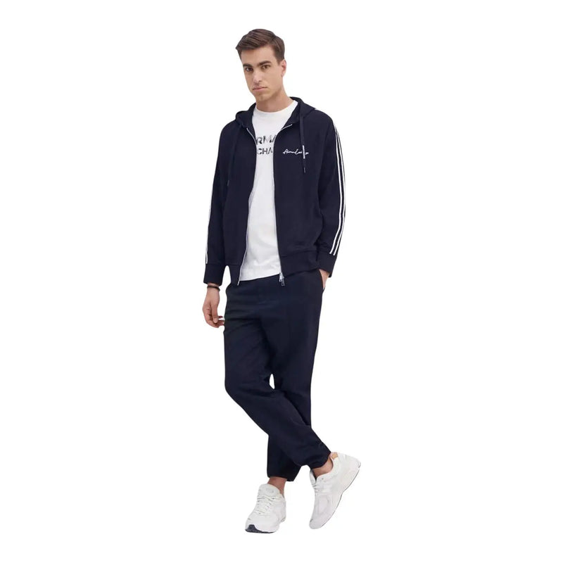 Armani Exchange Herren-Sweatshirt, blauer Polyester-Mischgewebe, marineblauer Kapuzenpullover mit Reißverschluss und weißen Streifen sowie passende Trainingshose (Set)