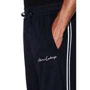Armani Exchange men black poly blend sweatpants with white side stripes and embroidered american exchange logo on thigh