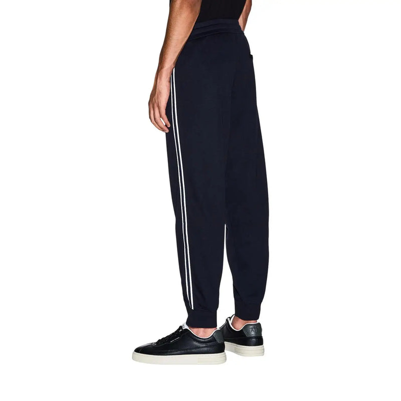 Armani Exchange men blue poly blend joggers with dark navy color and two white stripes on each leg