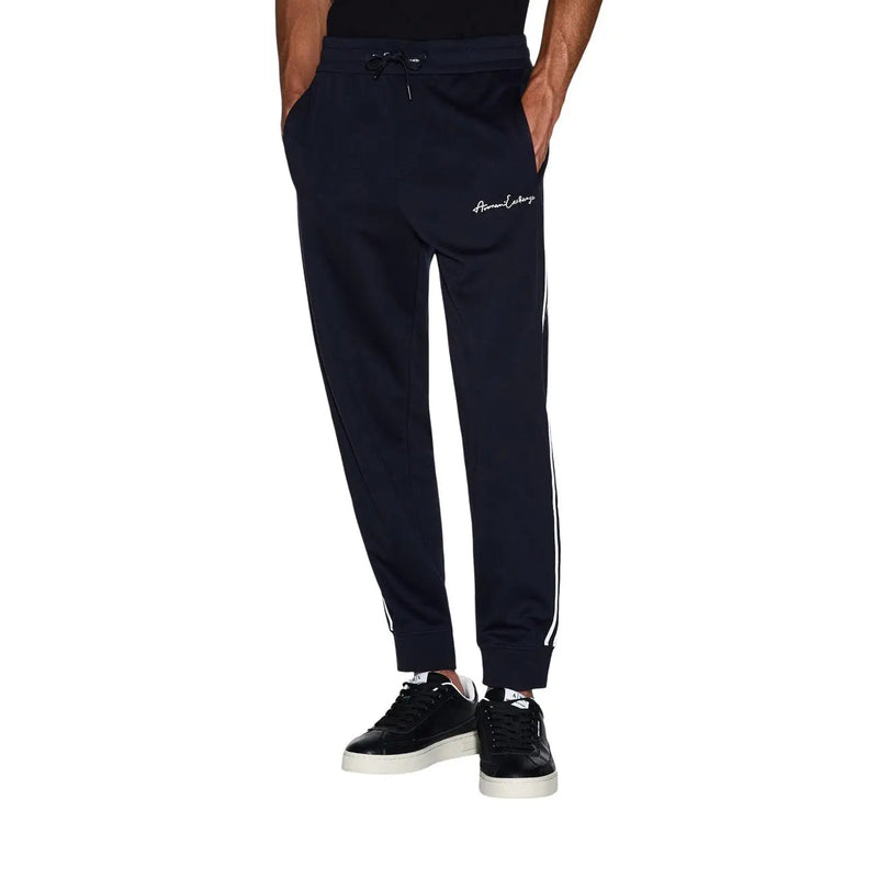 Armani Exchange men blue trouser poly blend navy cotton joggers with white side stripes and embroidered logo on thigh