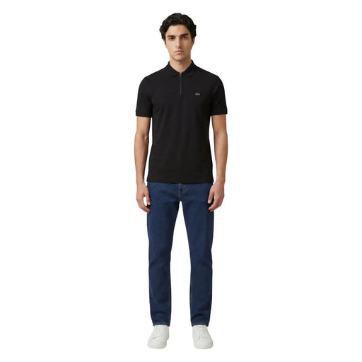 Black armani exchange men polo shirt with subtle zip-up collar small embroidered logo viscose fabric