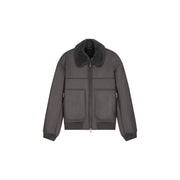 Armani Exchange Herrenblazer aus braunem Polyester mit dunkelgrauem Shearling-Kragen im Bomberjacken-Stil und Reißverschlusstaschen