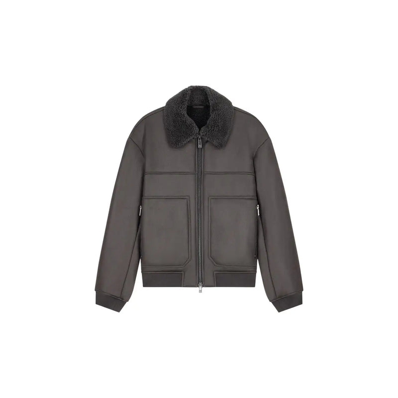 Armani Exchange Herrenblazer aus braunem Polyester mit dunkelgrauem Shearling-Kragen im Bomberjacken-Stil und Reißverschlusstaschen