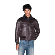 Armani Exchange Braune Herren-Bomberjacke aus Leder mit weichem, schwarzem Shearling-Kragen und Reißverschlusstaschen aus Polyester.