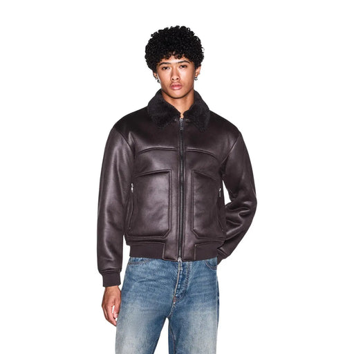 Armani Exchange Blouson aviateur pour homme en cuir marron avec col en peau lainée noire et poches zippées en polyester