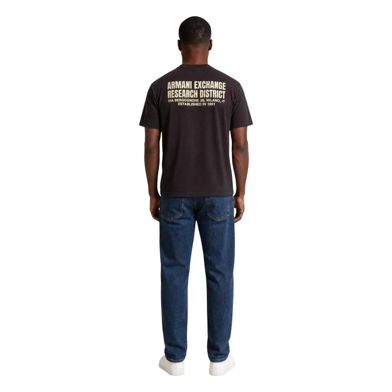 Armani Exchange men brown cotton t shirt showing the back side with black fabric and beige research district text