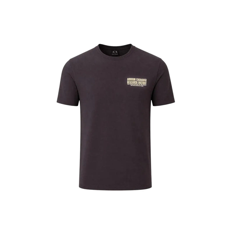 Armani Exchange men brown cotton t shirt featuring a dark gray fabric with white and gold text graphic on left chest