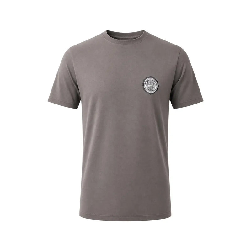 Armani Exchange men brown cotton t shirt with muted gray short sleeves and subtle circular logo embroidered on left chest
