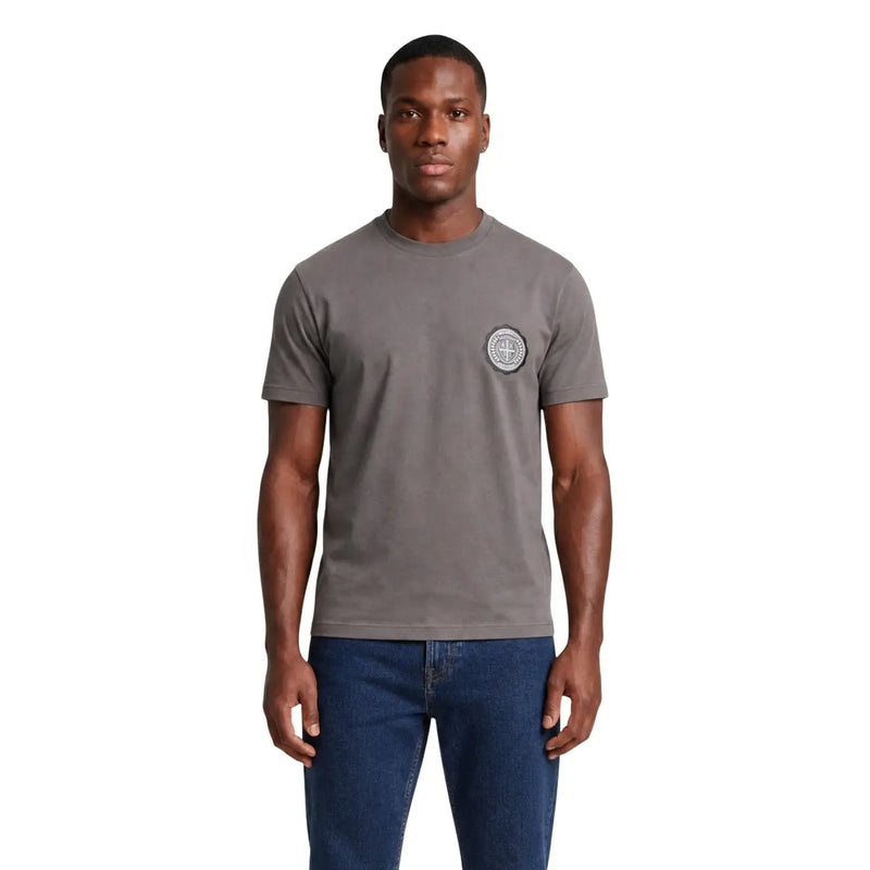 Armani Exchange men brown cotton t shirt with gray crew neck and circular embroidered logo on left chest