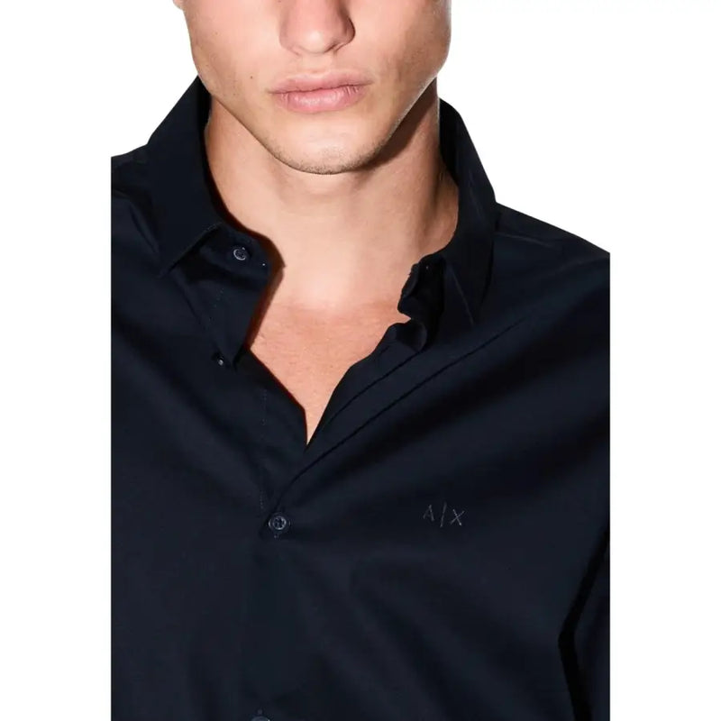 Black armani exchange men classic long sleeve button-down shirt with subtle embroidered logo on the chest