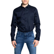 Armani Exchange men classic blue long sleeve button shirt with a sleek crisp collar and subtle sheen perfect for spring summer