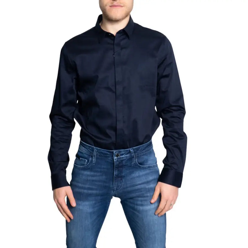 Armani Exchange men classic blue long sleeve button shirt with a sleek crisp collar and subtle sheen perfect for spring summer