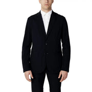 Black single-breasted cotton suit jacket with sleek tailored fit and two-button closure by Armani Exchange