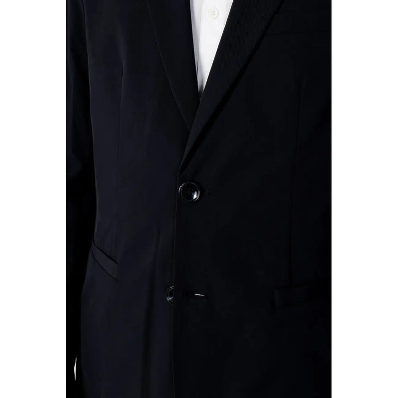 Black tailored cotton blazer by Armani Exchange for men with single button closure and sleek blue lapel collar
