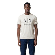 Cream-colored Armani Exchange men t-shirt with black a x logo and brand name printed on the front