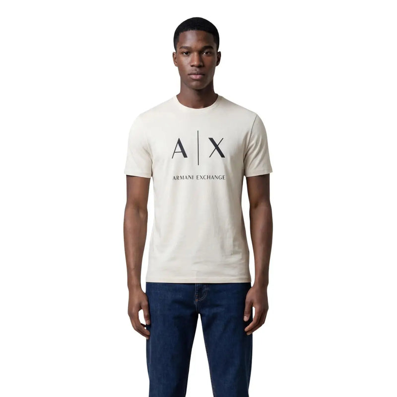 Cream-colored Armani Exchange men t-shirt with black a x logo and brand name printed on the front