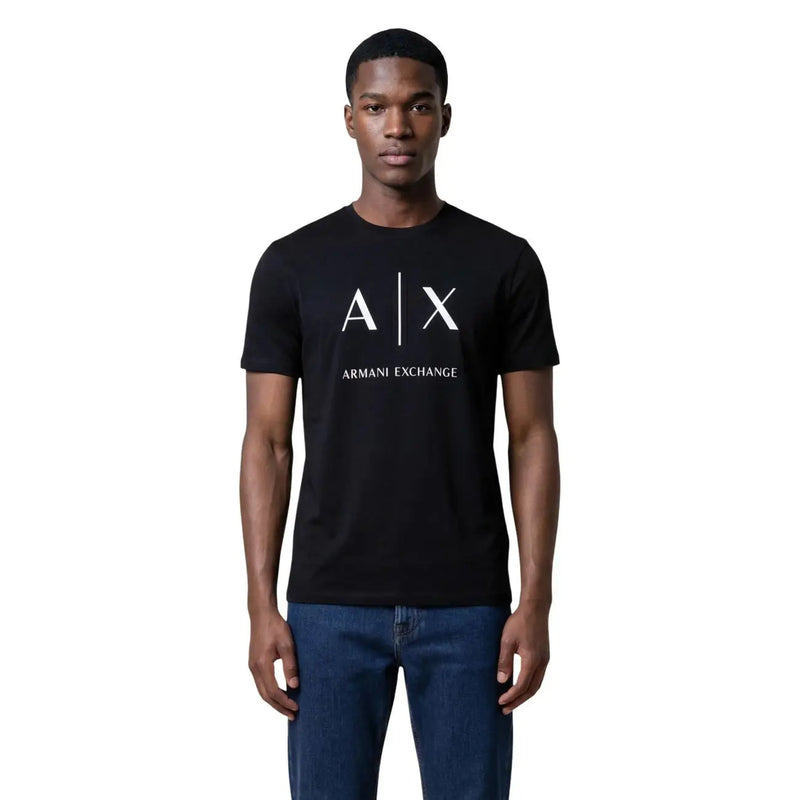 Armani Exchange men t-shirt in black cotton with white a x logo and brand name printed across the chest